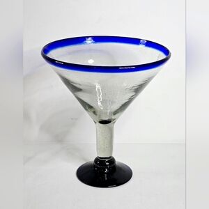Aztecas Design Mexican Hand Blown Blue Rim Martini Margarita Cocktail Glass 7.5"